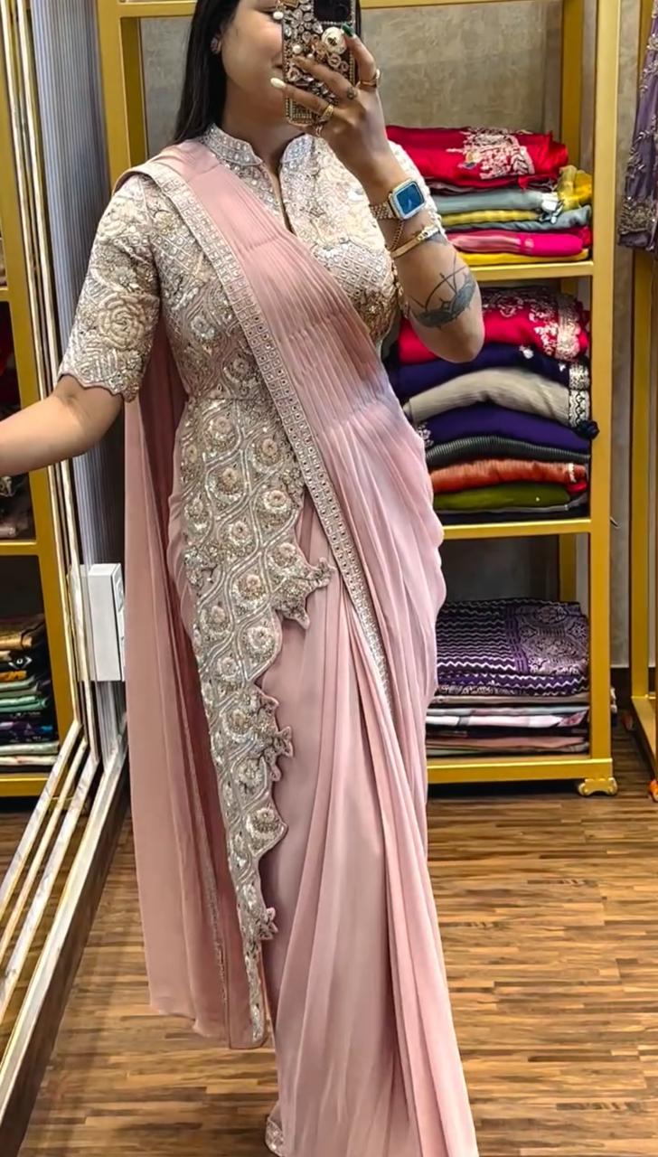 Ready to Wear Chinon Saree with Heavy Embroidery Koti Jacket