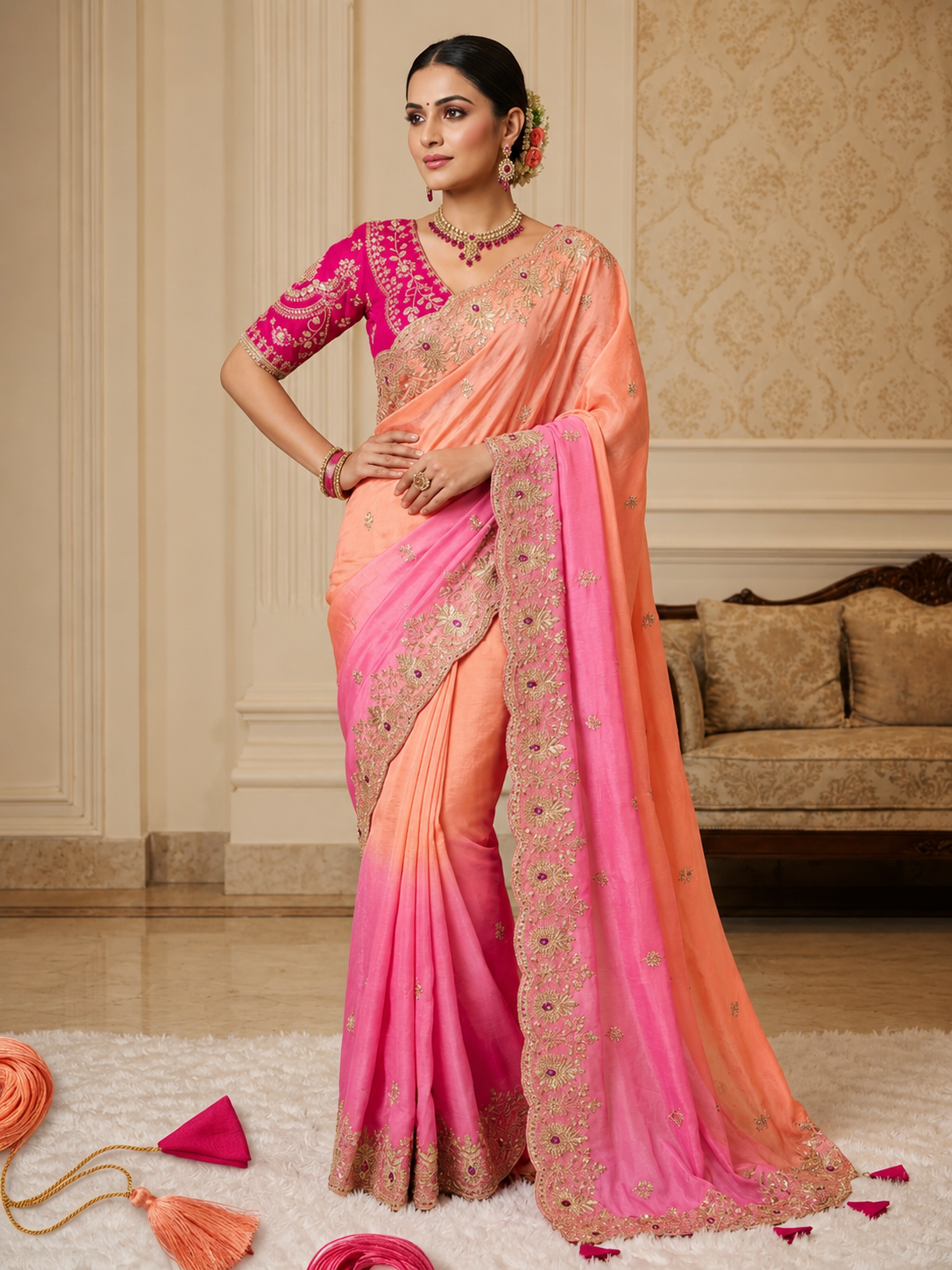 Soft Space Silk Shaded Saree with Hand Mina, Sequins & Zari Embroidery | Full Stitch Blouse