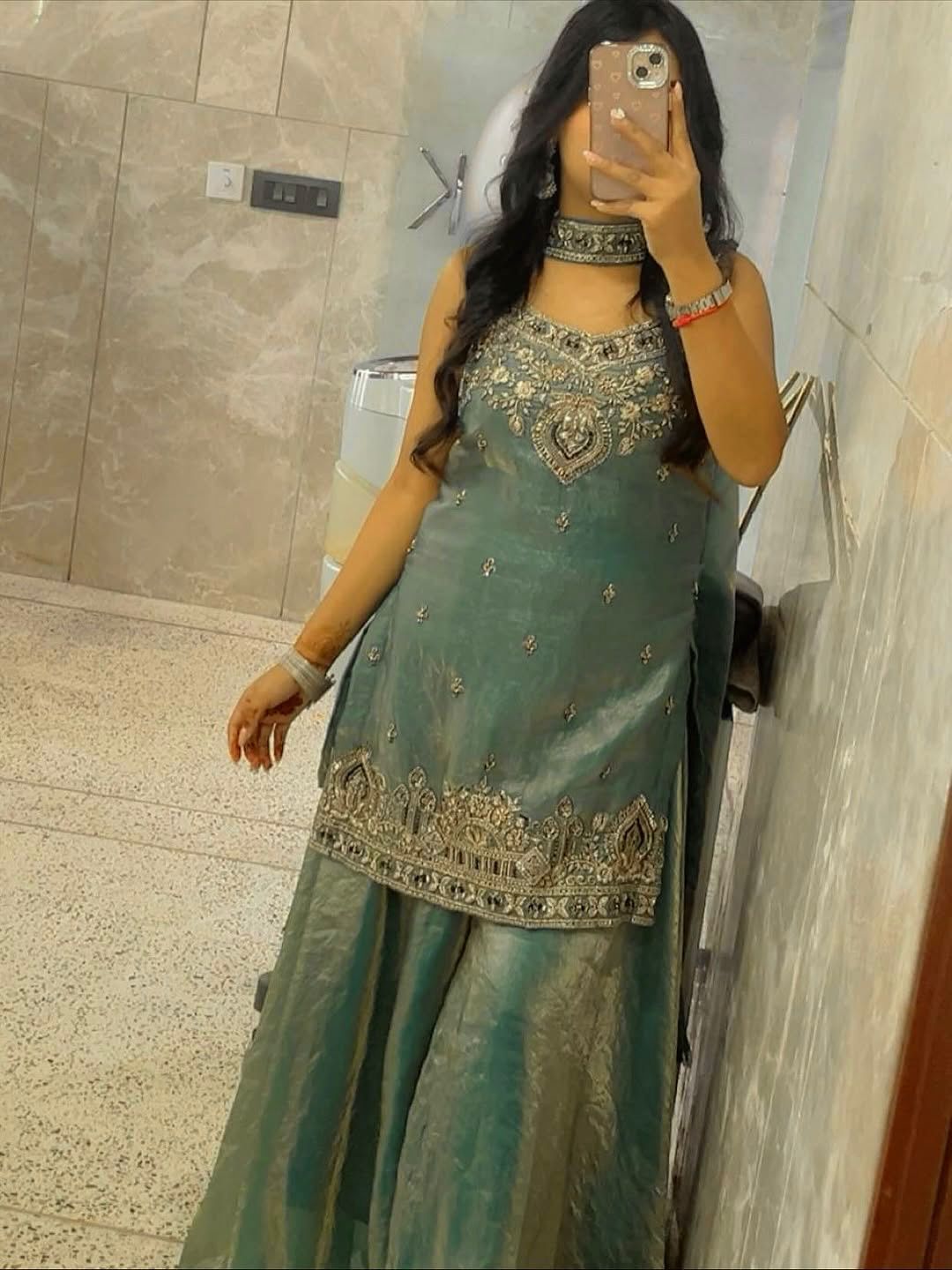Heavy Two Tone Fendy Silk Sharara Suit With Embroidery Sequins Work & Dupatta