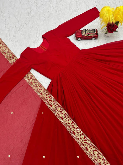 Red Fox Georgette Embroidered Anarkali Gown with Dupatta (Fully Stitched)