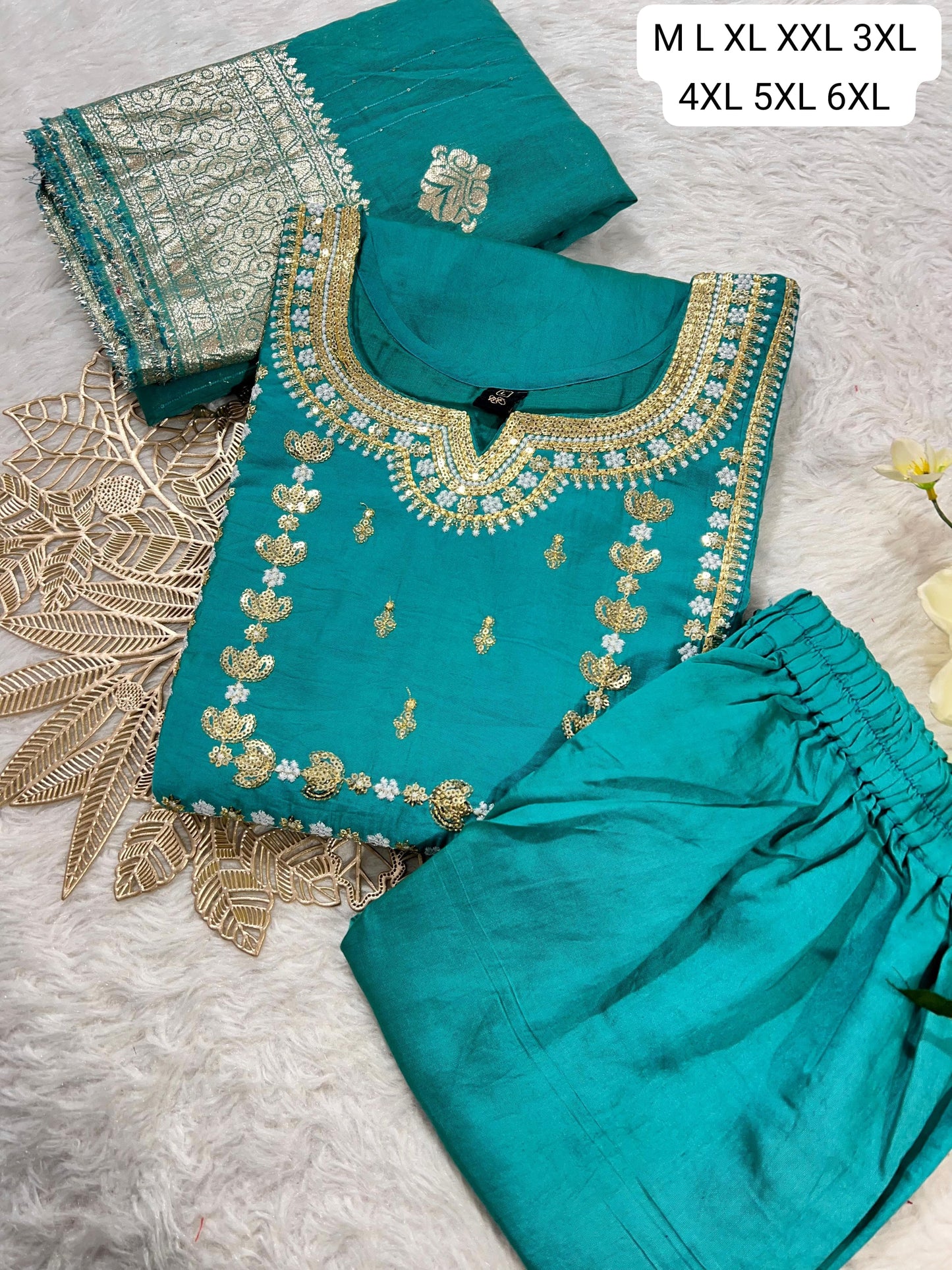 Premium Roman Silk Embroidered Kurti Pant Dupatta Set (M–6XL)