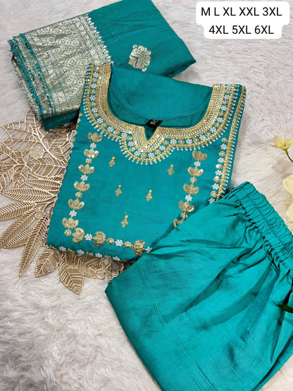 Premium Roman Silk Embroidered Kurti Pant Dupatta Set (M–6XL)