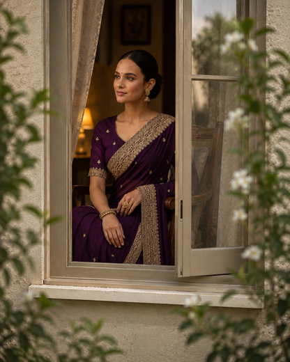 Purple Rangoli Silk Saree with Sequins & Dori Embroidery Work