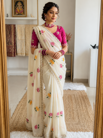 Designer Rangoli Silk Saree With Embroidery Work & Real Mirror Cutwork Border