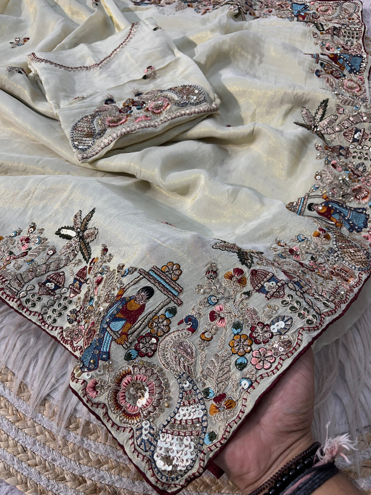 Premium Cosmos Silk Saree with Heavy Thread Embroidery, Zari & Sequin C-Pallu Work