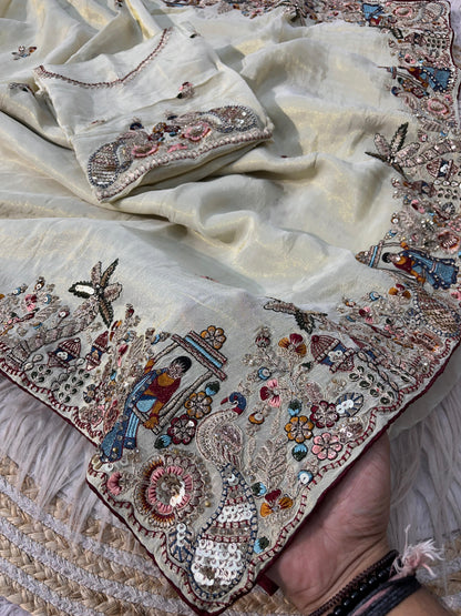 Premium Cosmos Silk Saree with Heavy Thread Embroidery, Zari & Sequin C-Pallu Work