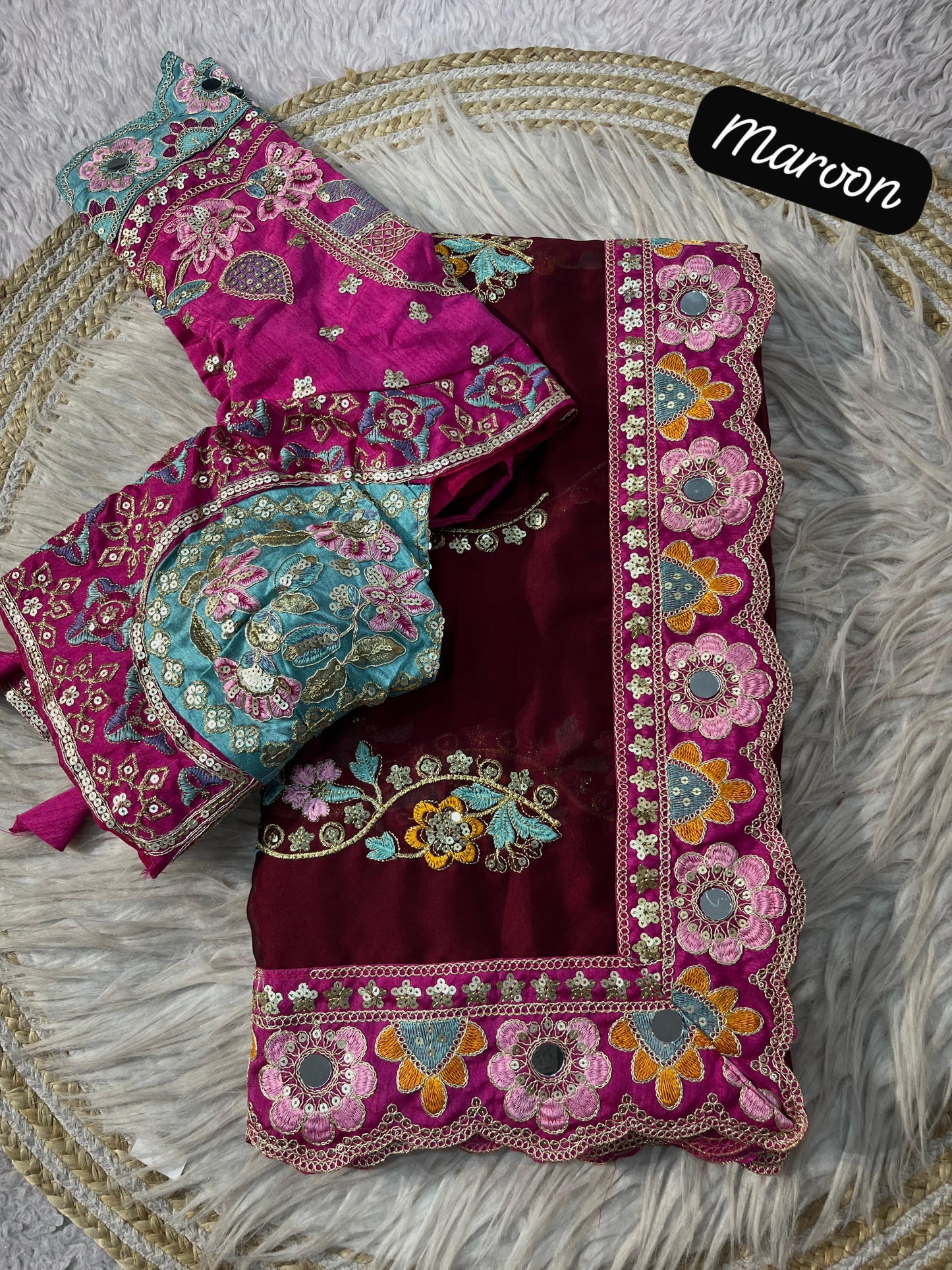 Premium Rangoli Silk Designer Saree with Embroidery & Mirror Work Blouse