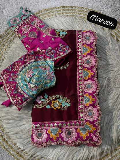 Premium Rangoli Silk Designer Saree with Embroidery & Mirror Work Blouse