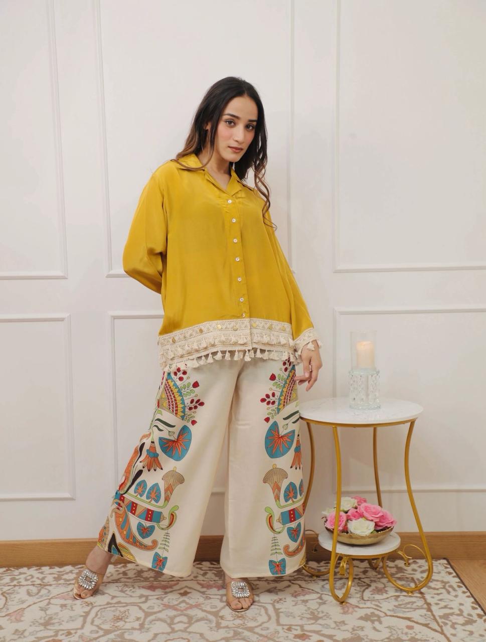 Stylish Cotton Flax Cord Set | Button Top & Printed Pant Co-Ord Set for Women