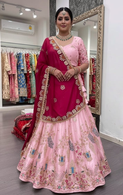Crystal Silk Heavy Embroidered Festival Lehenga Choli with Dupatta (4 Colors)