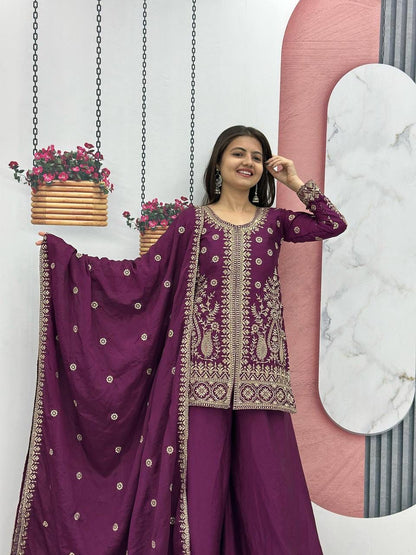 Designer Chinon Party Wear Top Plazzo Set