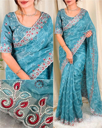 Barfi Cotton Satin Embroidered Saree with Designer Blouse