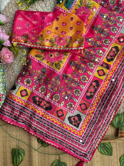 Karigari Soft Chinon Silk Digital Print Saree with Hand Aari Work & 2000+ Real Mirror Work