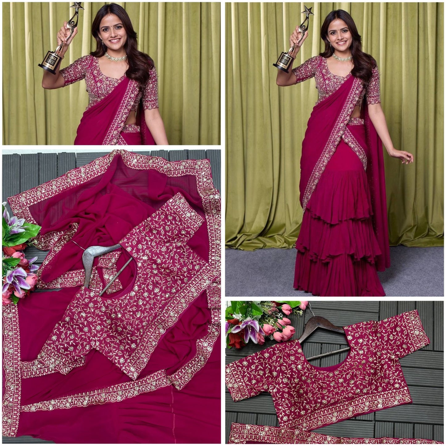 Designer Ruffle Lehenga Saree with Stitched Embroidered Blouse