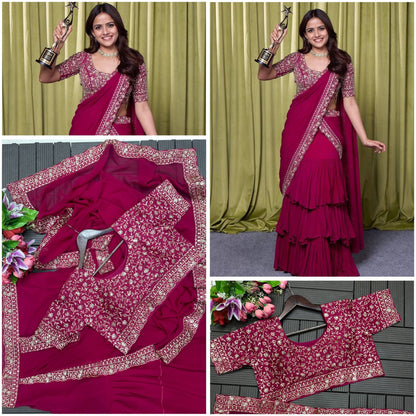 Designer Ruffle Lehenga Saree with Stitched Embroidered Blouse