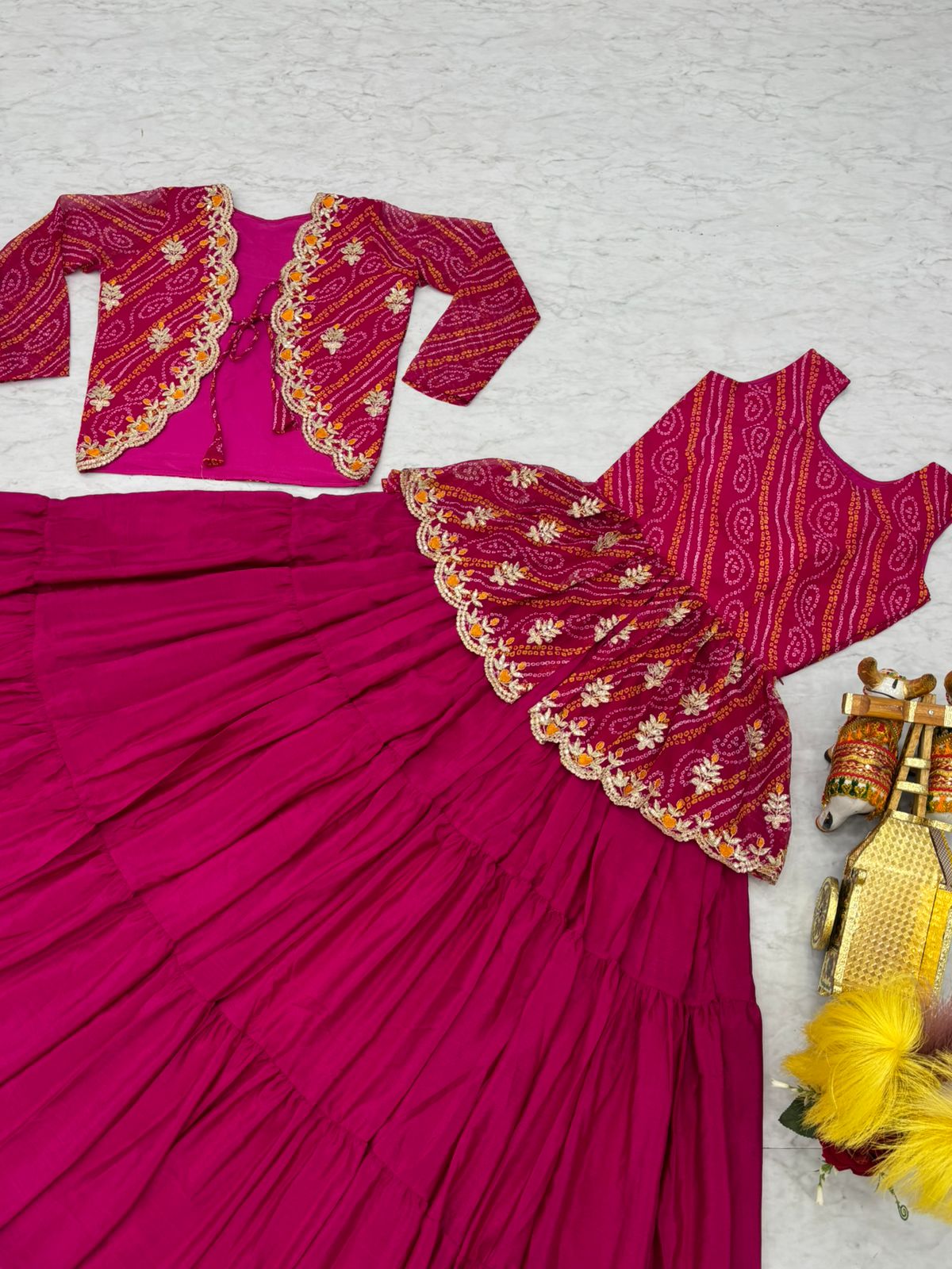 Holi Special Bandhej Lehenga Crop Top Set