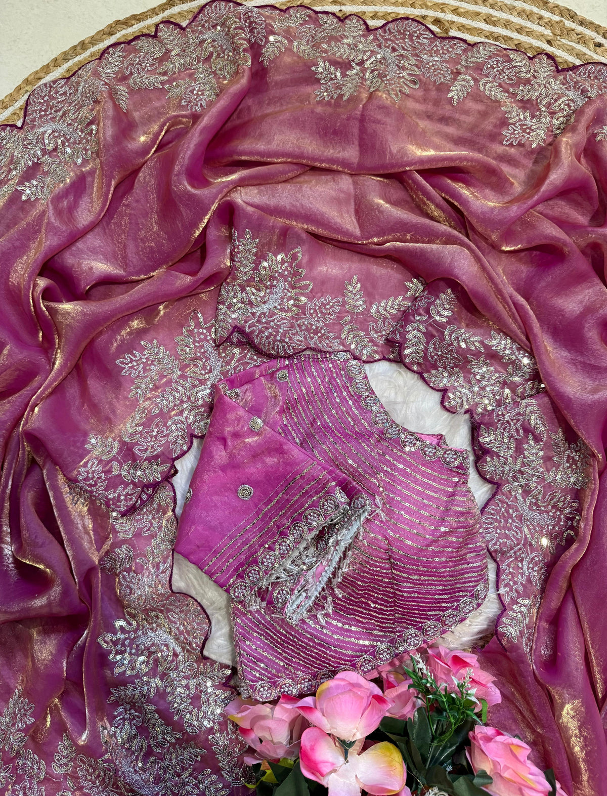 Soft Space Silk Satin Saree With Heavy Embroidery Sequence & Zari Work