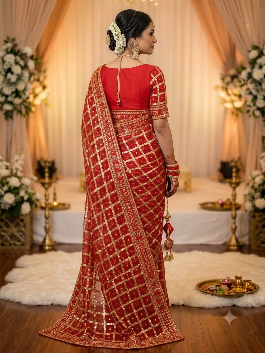 सदा सौभाग्यवती भव Viscose Saree with Checks, Foil Work & Designer Lace