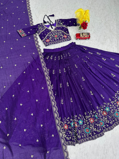 Festival Wear Heavy Embroidery Vichitra Silk Lehenga Choli Set | Red & Purple
