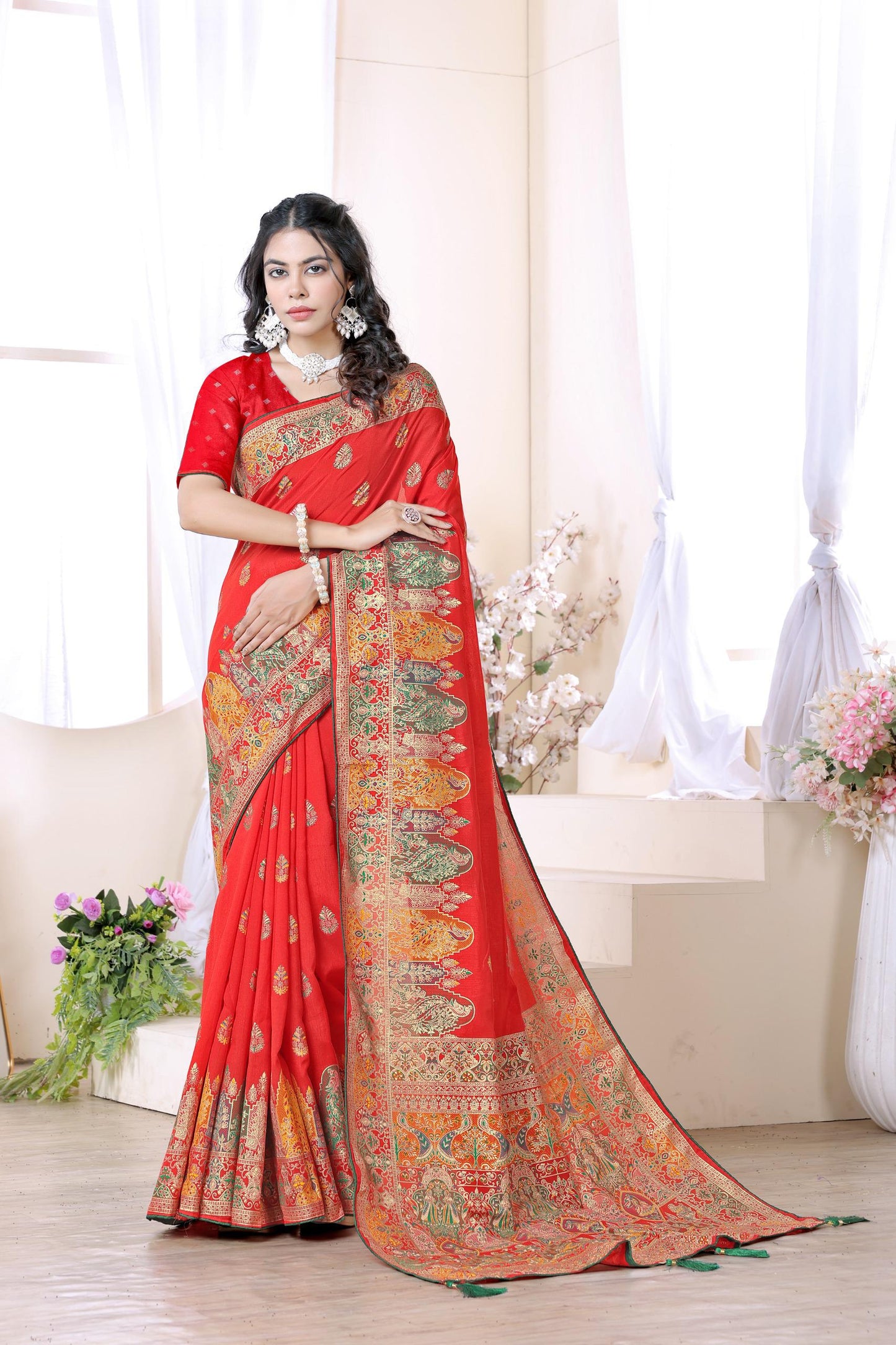 Pure Silk Meenakari Foil Print Designer Saree With Contrast Blouse