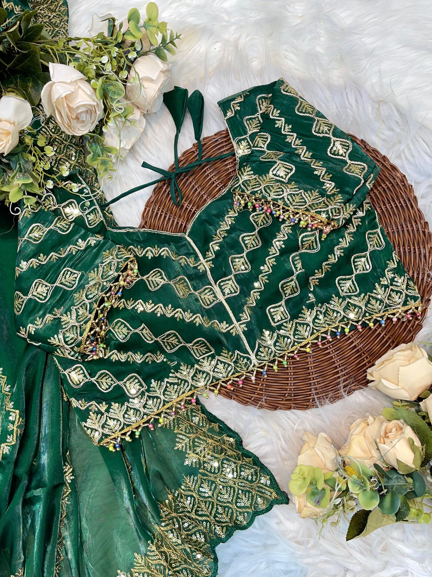 Shanaya Zimmy Choo Silk Saree With Heavy Embroidery Sequence Work & Blouse (Up to 42”)
