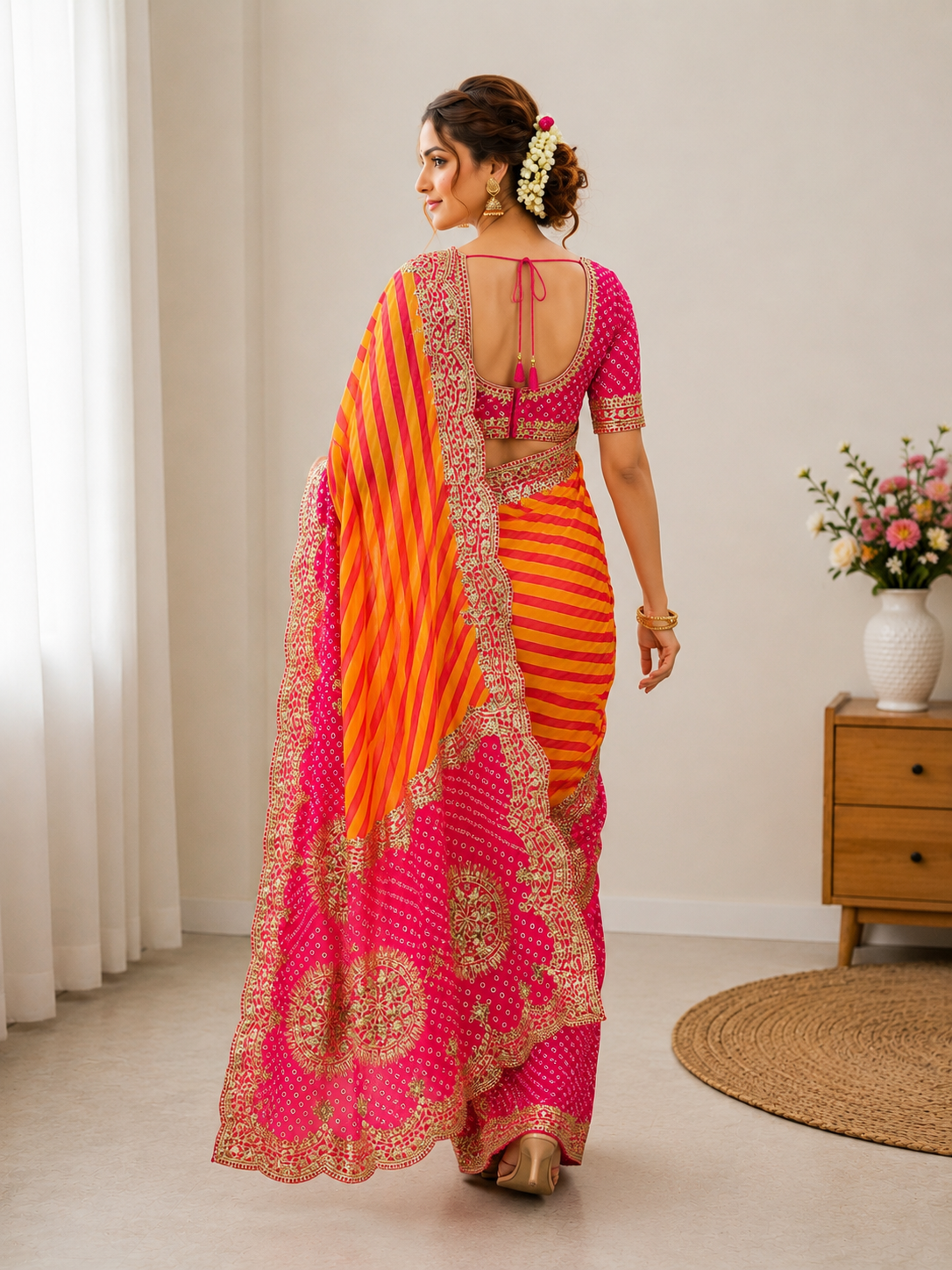Chinon Digital Leheriya Saree with Heavy Gota Foil Work & Rich Pallu