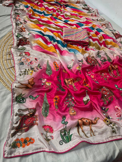 Beautiful Rajasthani Royal Look Soft Chinon Digital Saree with Mirror Work