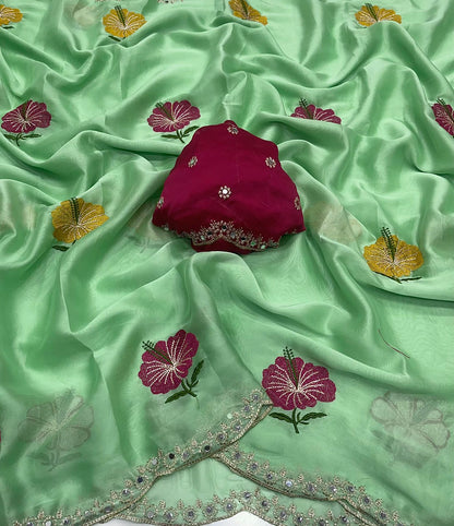 Soft Rangoli Silk Saree with Floral Embroidery & Mirror Work Border