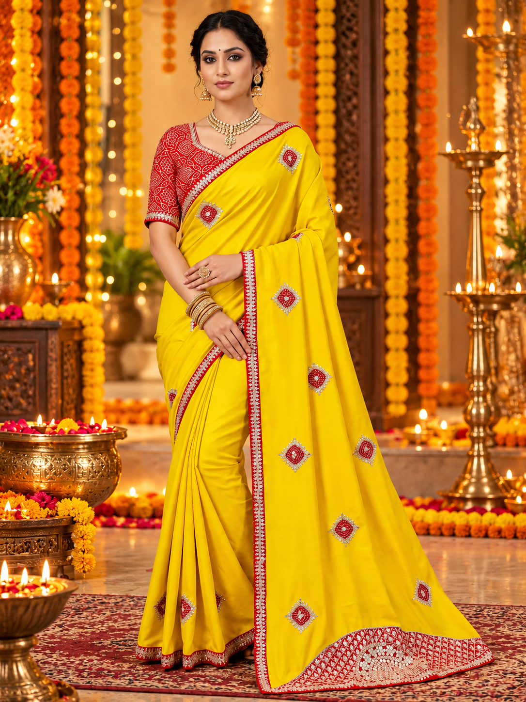 Chinon Saree with Heavy Bandhej Patch Butta & Gotapatti Work