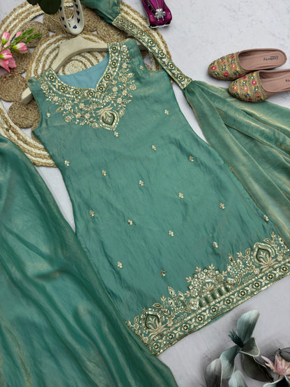 Heavy Two Tone Fendy Silk Sharara Suit With Embroidery Sequins & Mirror Work Dupatta