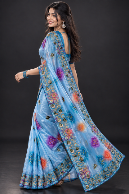 Soft Shine Space Silk Saree with Bandhej Print, C-Pallu Gotafoil Work & Butti
