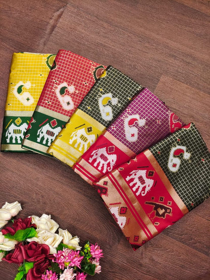 Soft Lichi Printed Saree with Elephant Border