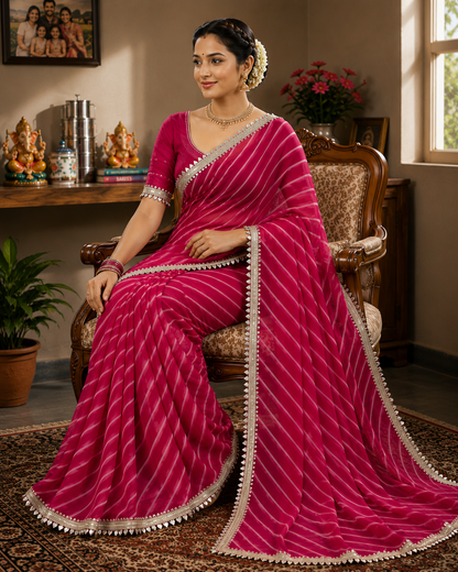 Georgette Leheriya Saree with Mirror Lace Border & Unstitched Blouse | Designer Party Wear Saree