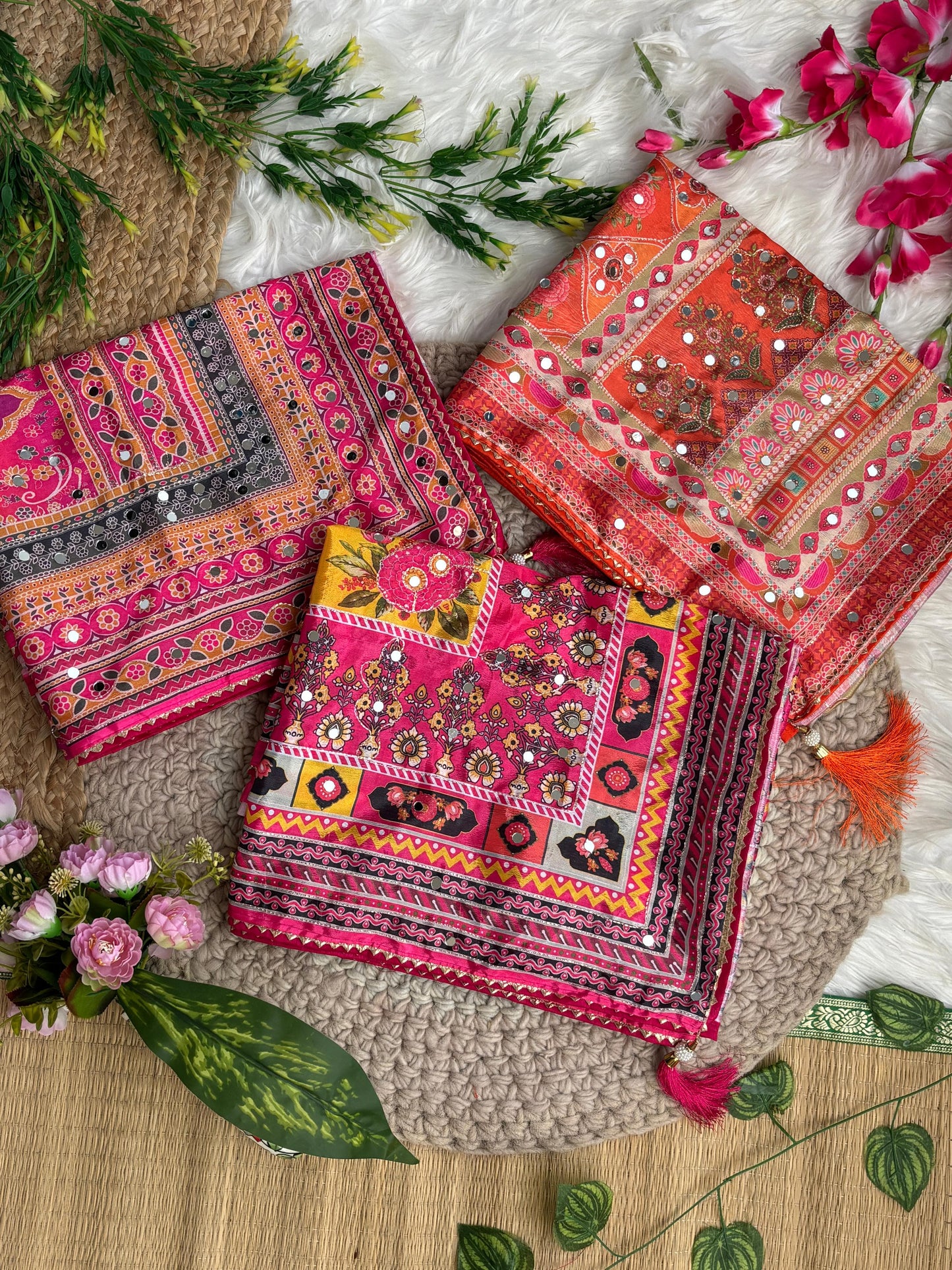 Karigari Soft Chinon Silk Digital Print Saree with Hand Aari Work & 2000+ Real Mirror Work