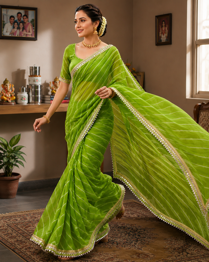 Georgette Leheriya Saree with Mirror Lace Border & Unstitched Blouse | Designer Party Wear Saree