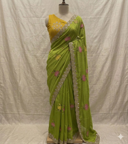 Designer Rangoli Silk Saree With Embroidery Work & Real Mirror Cutwork Border