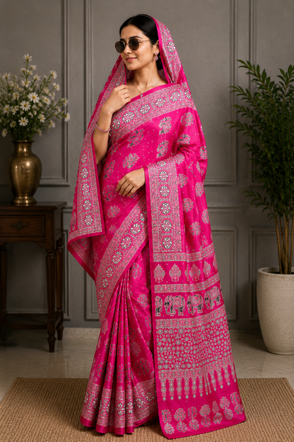 Elegant Ajrakh Pure Gajji Bandhej Soft Silk Saree With Mirror Work