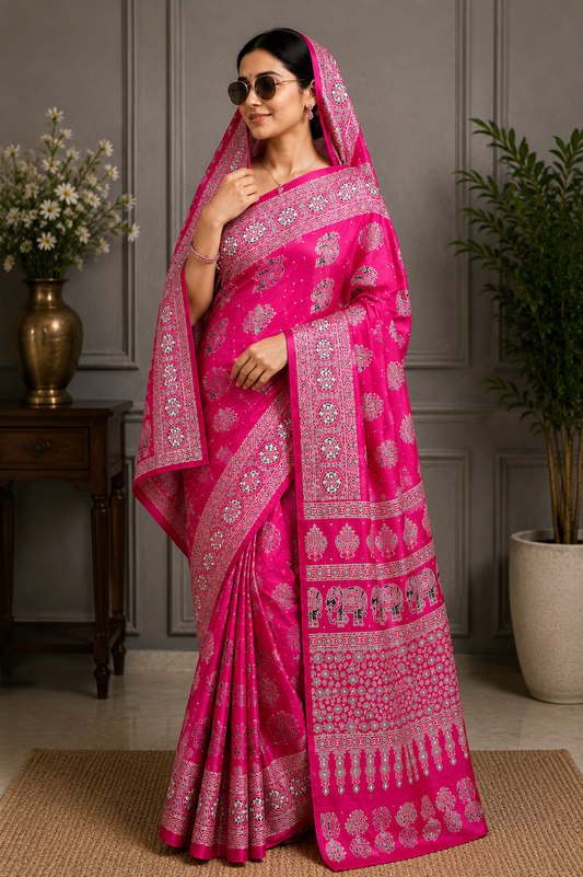 Elegant Ajrakh Pure Gajji Bandhej Soft Silk Saree With Mirror Work