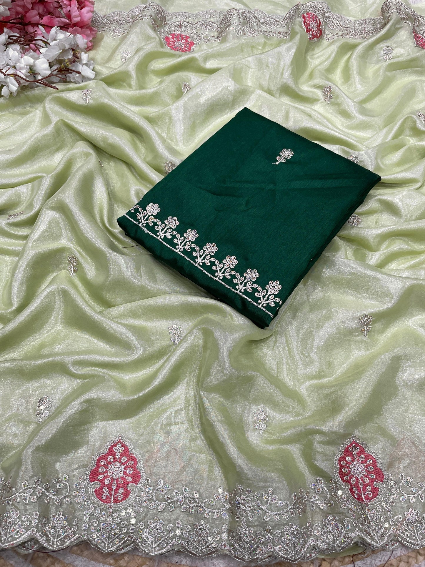 Blooming Chocolate Silk Embroidery Designer Saree With Unstitched Blouse