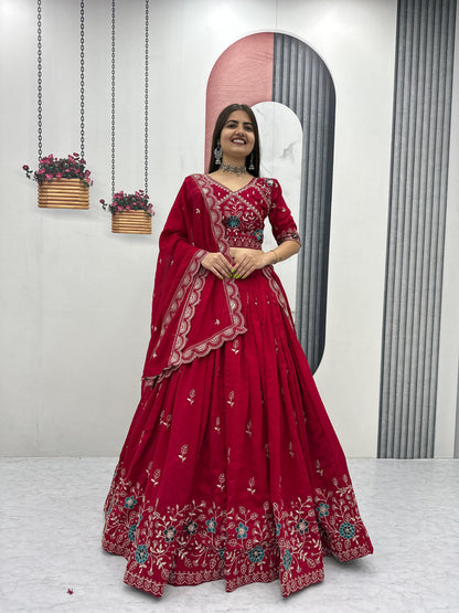 Festival Wear Heavy Embroidery Vichitra Silk Lehenga Choli Set | Red & Purple