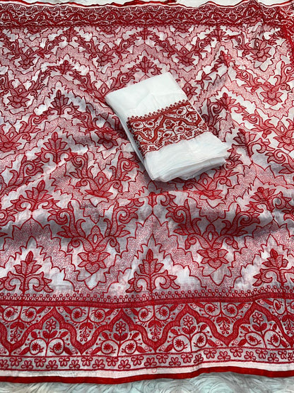 White Red Crush Silk Embroidery Saree