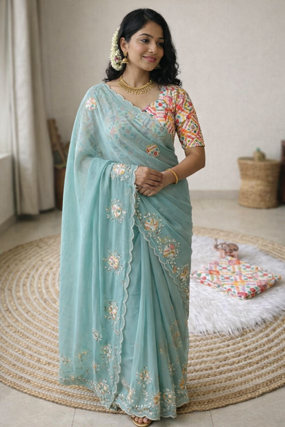 Heavy Star Georgette Saree with Mirror Work & Digital Print Designer Blouse