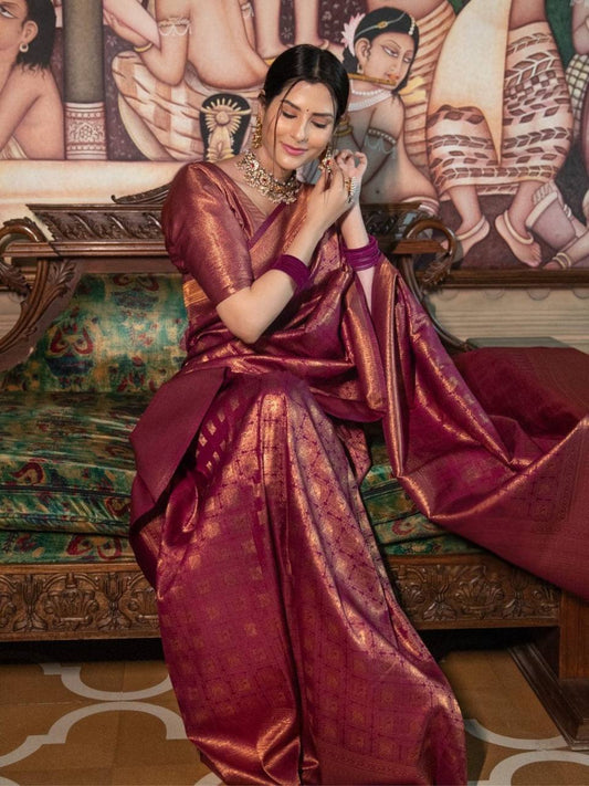 Wine Zari Work Silk Look Saree