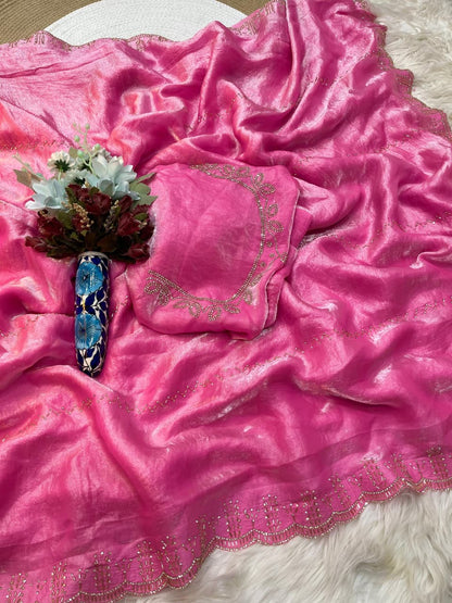 Rupali Pink Space Silk Saree with Hand Jharkhand Cutdana Border & Designer Blouse