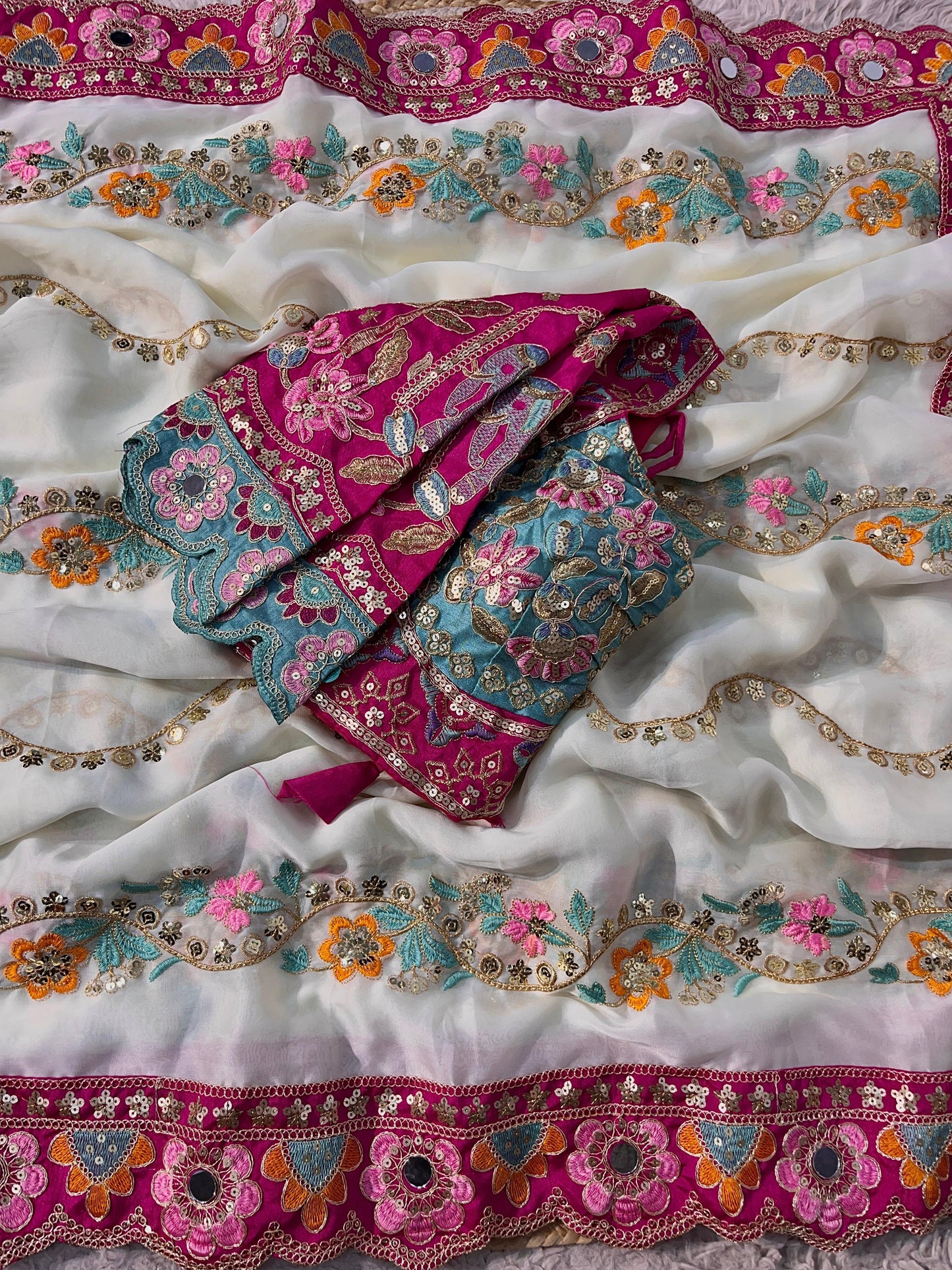 Premium Rangoli Silk Designer Saree with Embroidery & Mirror Work Blouse