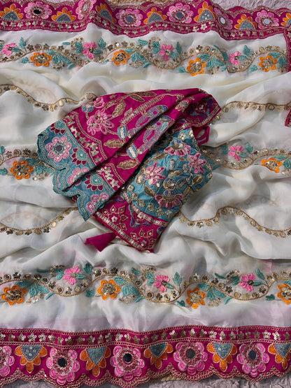 Premium Rangoli Silk Designer Saree with Embroidery & Mirror Work Blouse