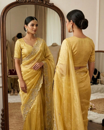 Elegant Crystal Crush Tissue Saree – Designer Embroidered Party Wear