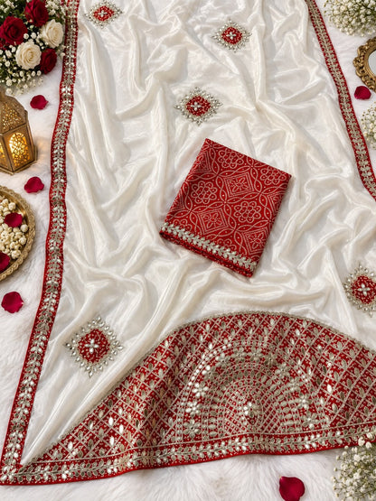 Chinon Saree with Heavy Bandhej Patch Butta & Gotapatti Work