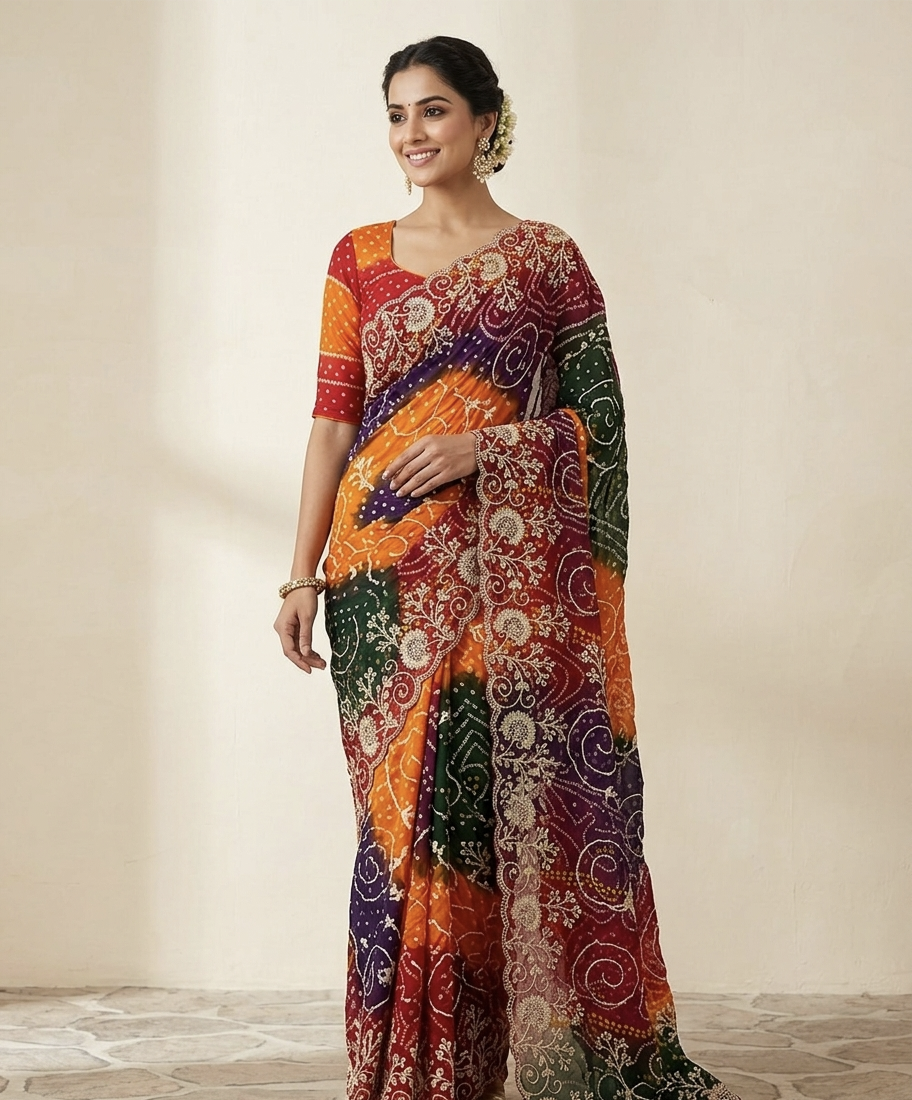 Multicolor Bandhani Print Designer Saree with Heavy Embroidery Border – Festive Special