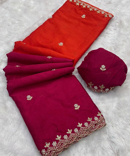 Double Shade Chinnon Saree with Embroidery & Moti Work Designer Border